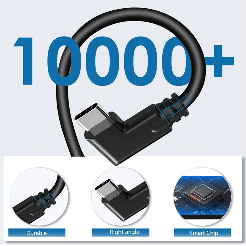 Black VR data link cable coiled in a loop, featuring a right-angle USB-C connector and strain relief.