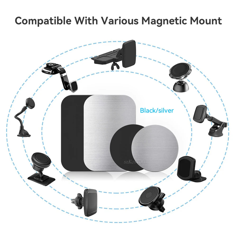 Square and round metal plates in black and silver, designed for compatibility with various magnetic phone mounts.
