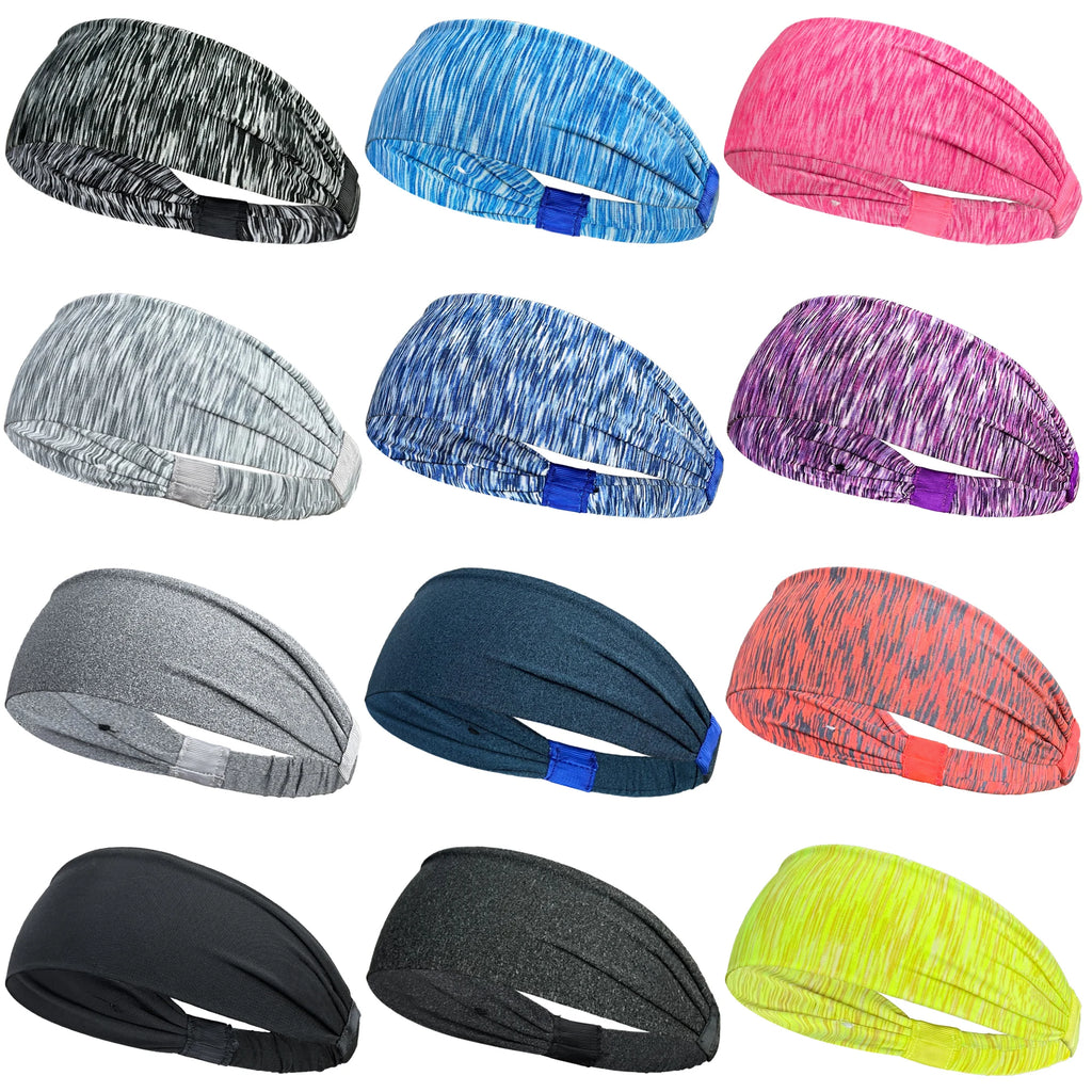A grid of twelve colourful, stretchy sports headbands in various marl and solid designs for exercise.