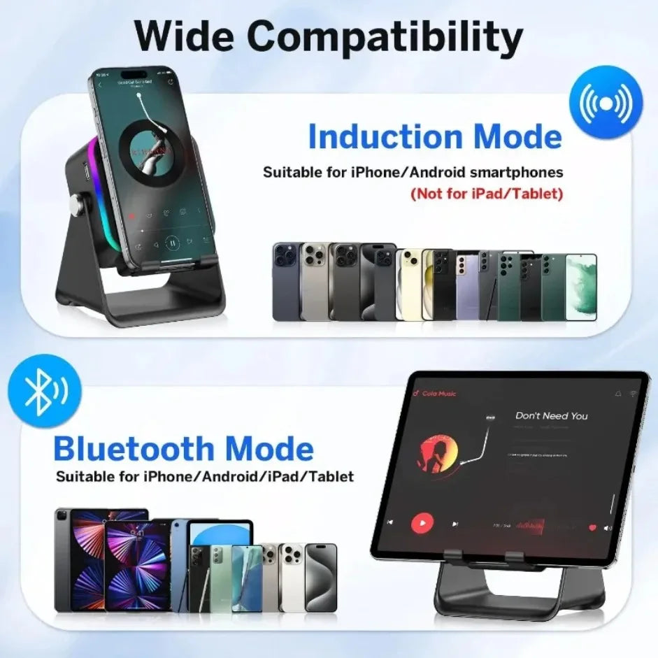 Black 5-in-1 Bluetooth speaker and phone stand with RGB lighting, showing induction and Bluetooth connectivity modes.