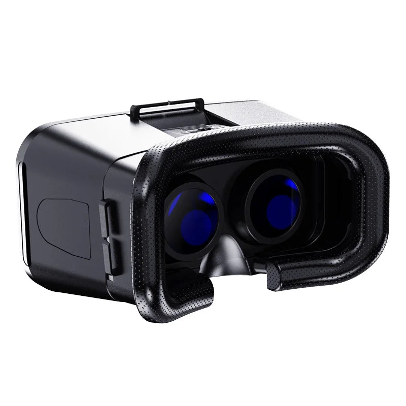Black VR headset with a textured face cushion and deep blue lenses, isolated on a white background.
