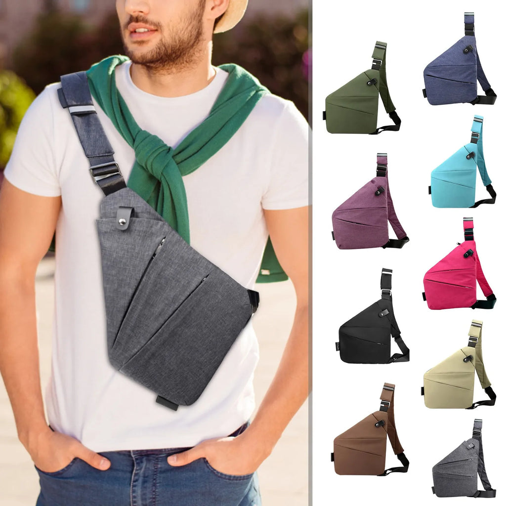 A man wearing a grey, slim-fit, anti-theft waterproof crossbody chest bag, shown in various colours.
