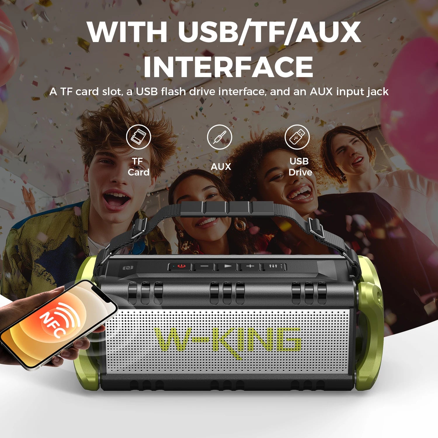 Portable 90W black and olive-green wireless speaker with carry strap, featuring USB, AUX, and TF card connectivity.