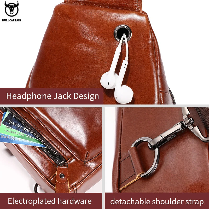 Brown leather men's crossbody sling bag featuring a headphone port, zipped card pocket, and detachable strap hardware.