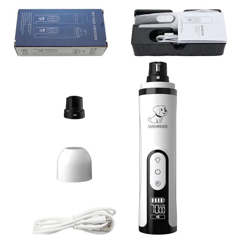 White electric pet nail grinder with LED light, digital display, interchangeable heads, and a USB charging cable.