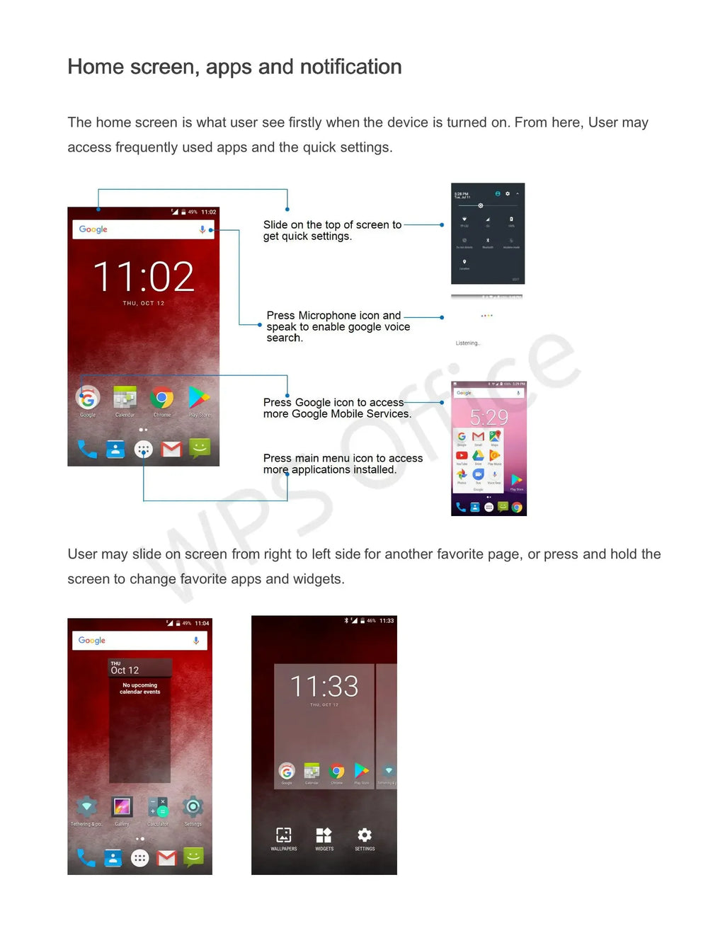 Instructional infographic displaying smartphone home screen layouts, app icons, widgets, and navigation gestures.