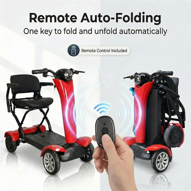Red and black 4-wheel electric mobility scooter with a padded seat, handlebars, headlight, and remote control.