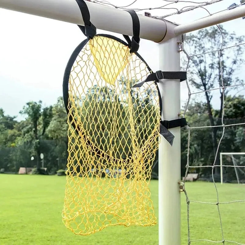 Yellow circular football target net with black adjustable straps, designed to hang from a goalpost.