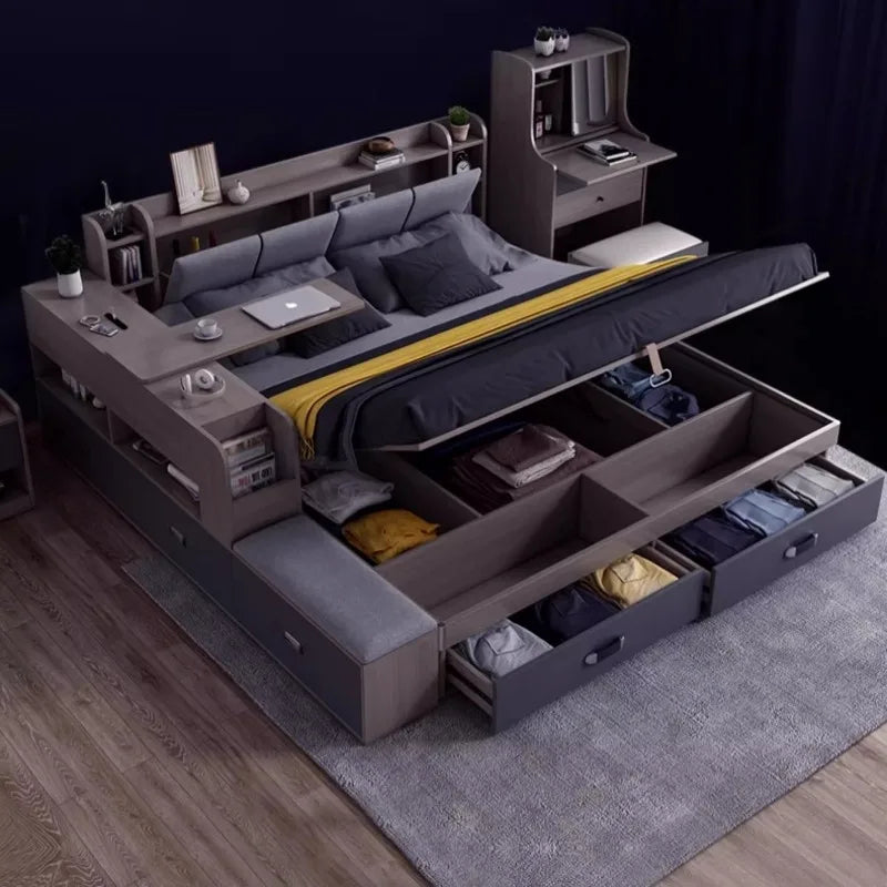 Modern grey multifunctional storage bed with integrated shelving, pop-up hydraulic storage, and pull-out drawers.