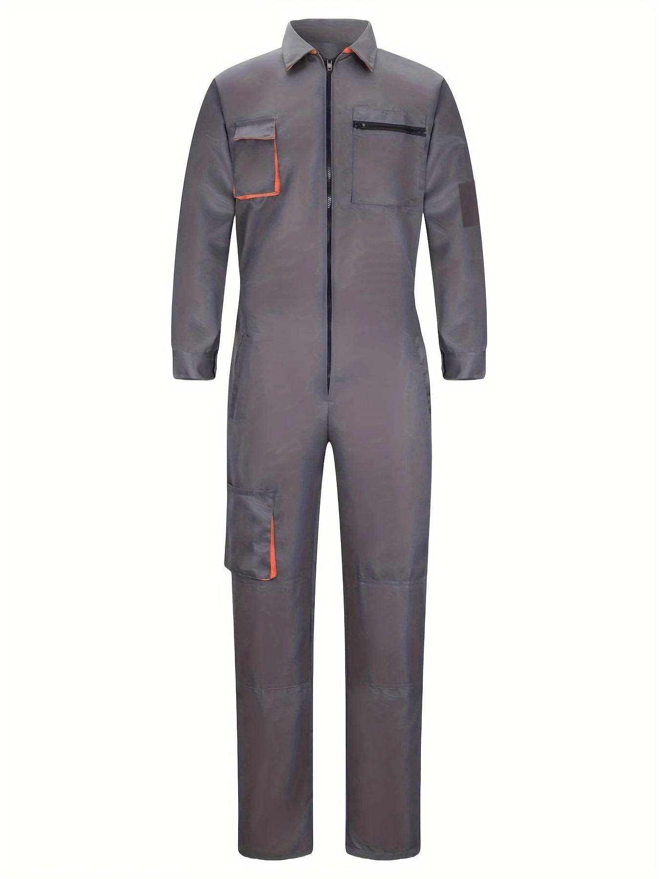 Grey, long-sleeved workshop coveralls with a collared zip front, featuring multiple utility pockets and orange trim.