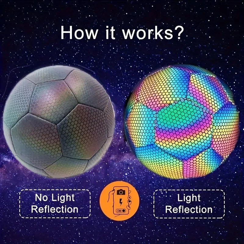 Two soccer balls shown against a starry background: one grey, one glowing with holographic, reflective rainbow patterns.