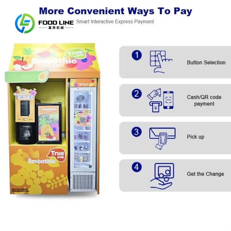 Yellow commercial smoothie vending machine with fruit graphics, integrated dispenser, and payment interface steps.