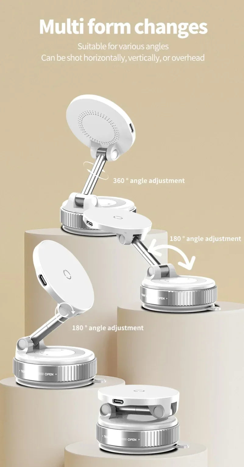 White, adjustable phone stand with a folding telescopic arm and rotating base, shown in various positions.
