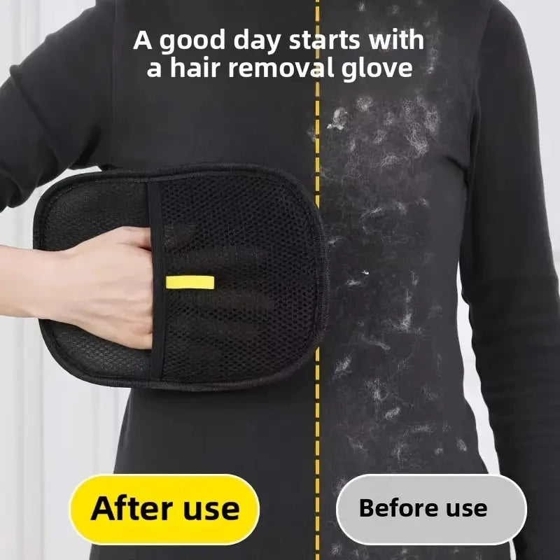 Black mesh hair removal glove shown in a before-and-after comparison on a black top.