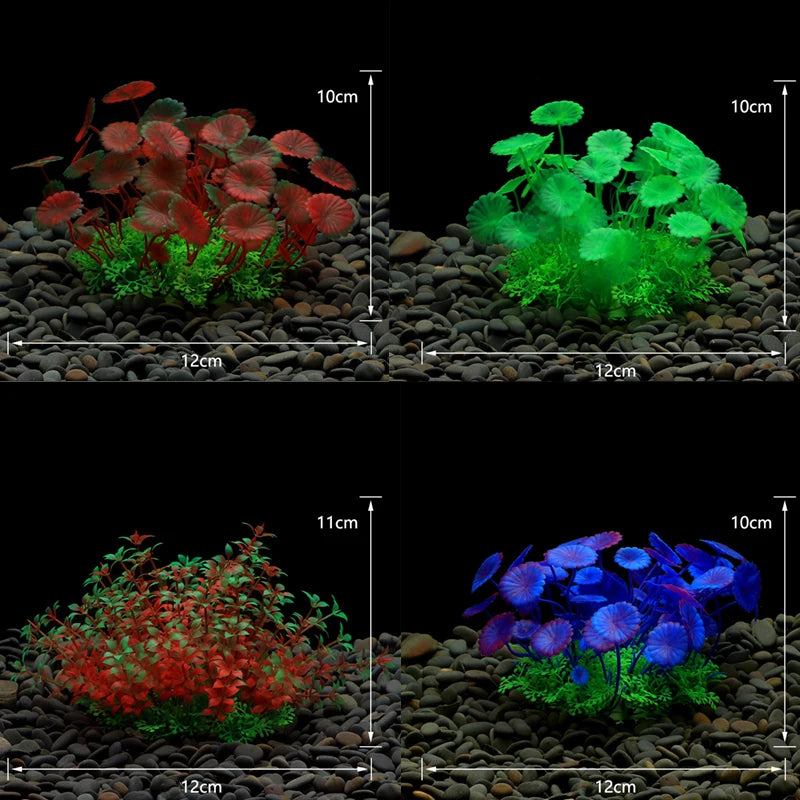 Four styles of artificial aquarium plants in red, green, and blue, set on dark gravel with labeled dimensions.