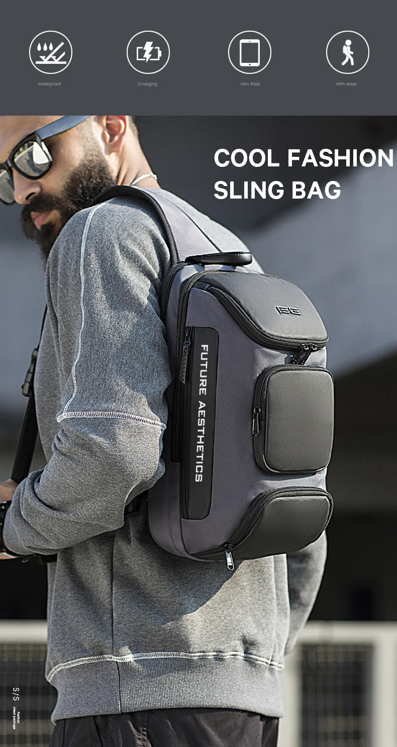 A grey, anti-theft sling bag featuring multiple zip compartments and a modern, compact design worn over the shoulder.