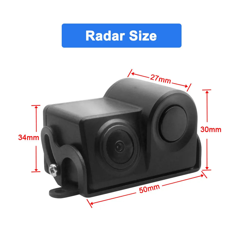Compact black vehicle backup camera with integrated parking sensor, showing dimensions 50mm x 34mm x 30mm.