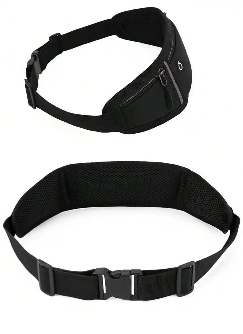 Black sports running belt with zipped pocket, reflective detailing, and an adjustable buckle strap.