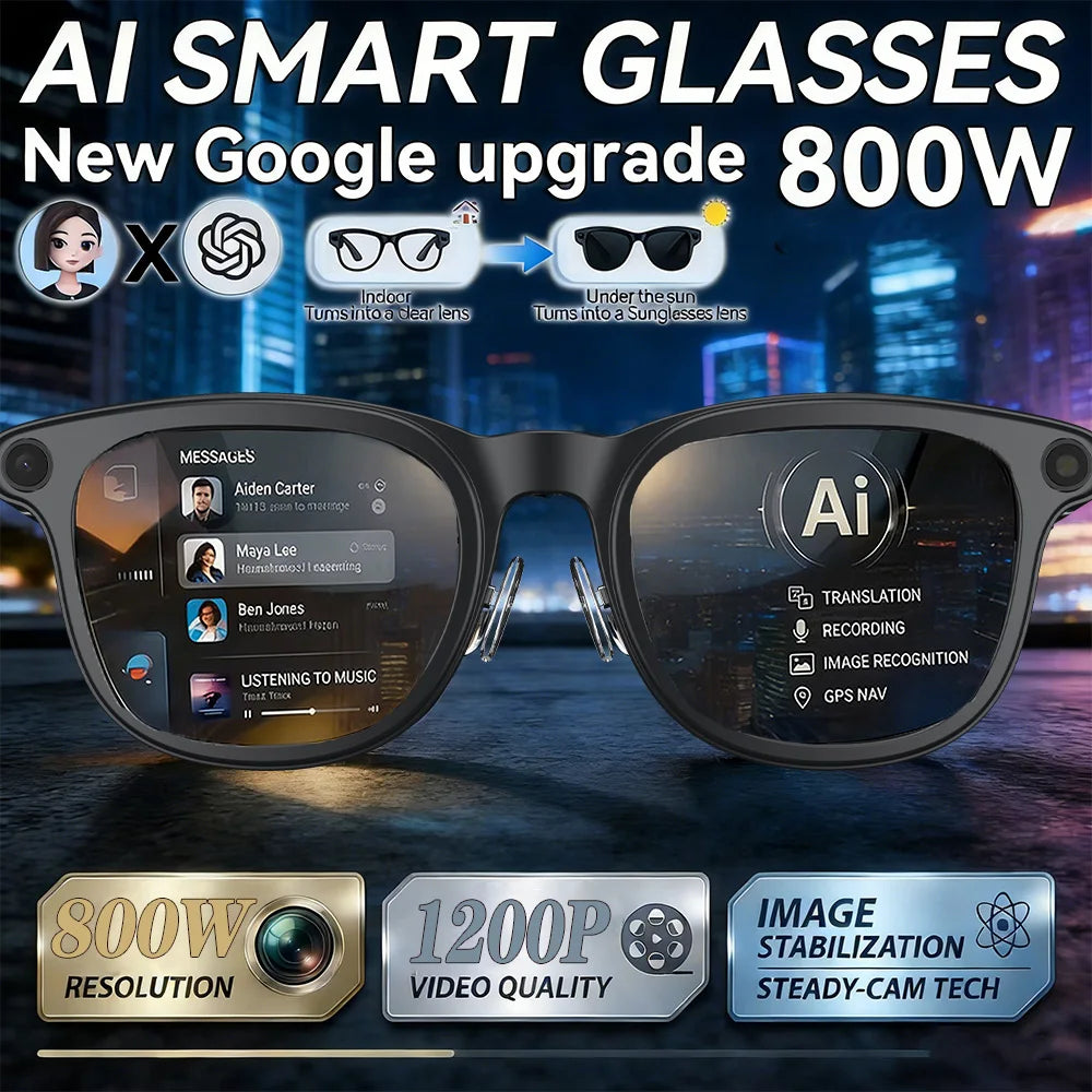 Black smart glasses with HD camera, AI translation, and lenses that automatically darken in sunlight.