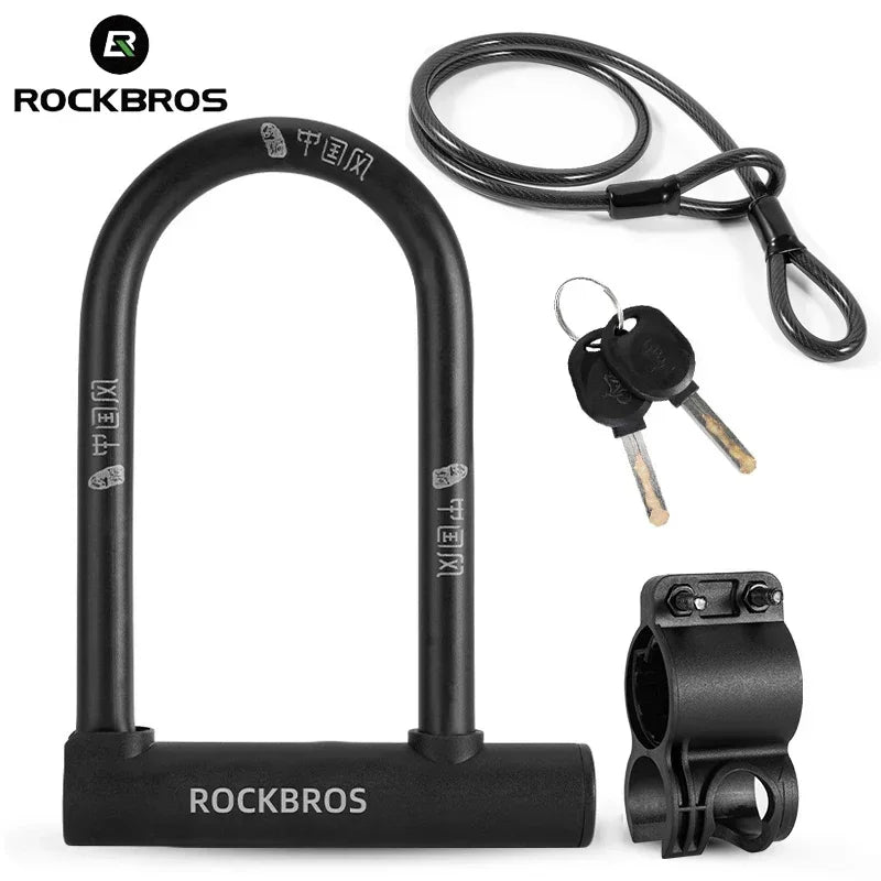 Black ROCKBROS U-lock set with steel cable, two keys, and a mounting bracket.