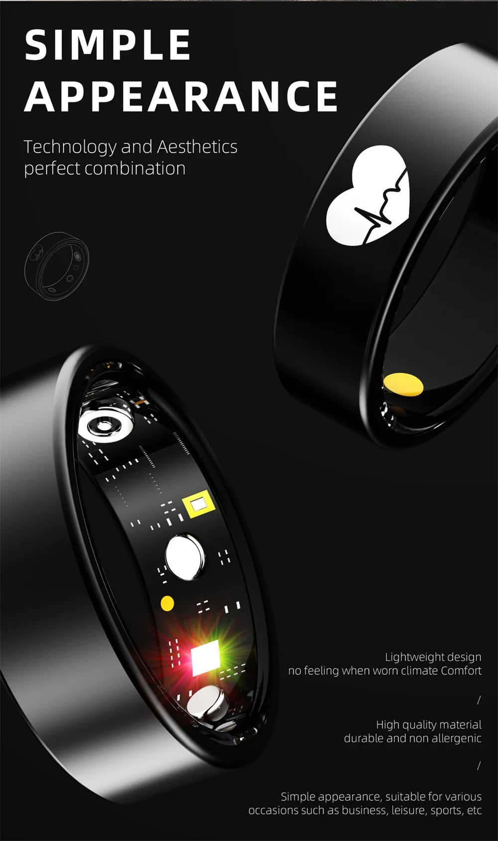 Sleek black smart ring with a heart rate sensor graphic, showcasing high-tech inner circuitry and a lightweight design.