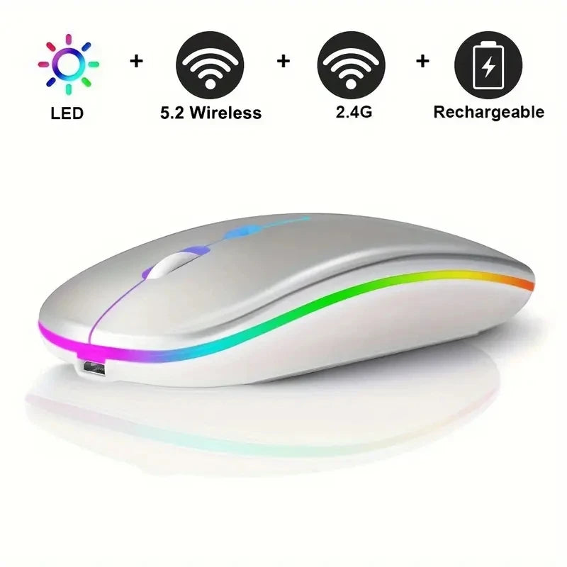 Silver ergonomic wireless mouse with RGB LED lighting, rechargeable battery, and dual 2.4G/Bluetooth connectivity.