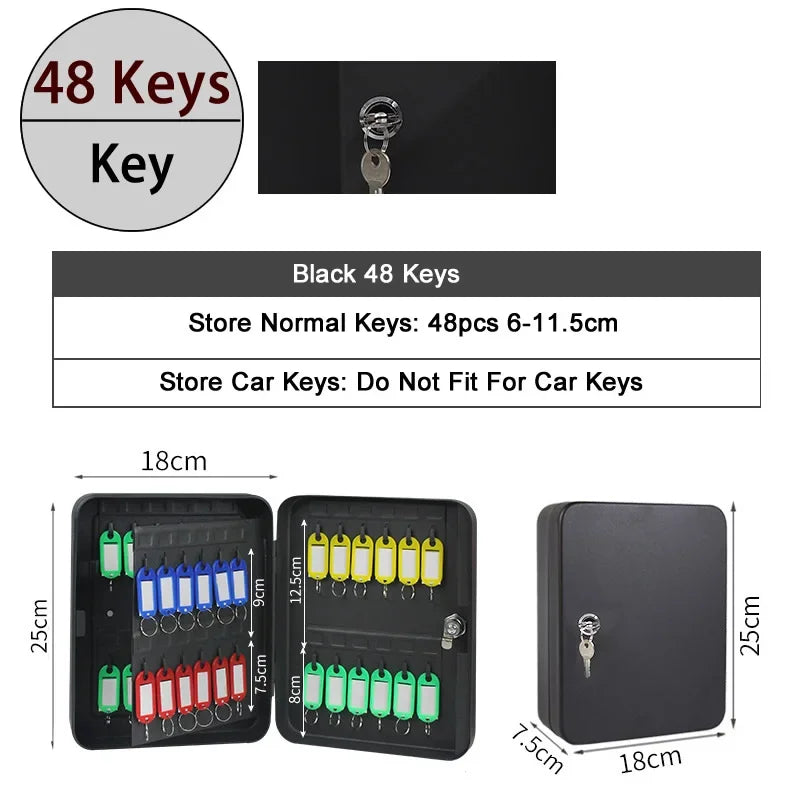 Black metal key cabinet with lock, holds 48 keys, includes colored key tags, dimensions 18x25x7.5cm.