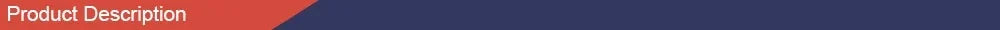 A rectangular banner featuring the white text "Product Description" over a split red and navy blue background.
