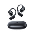 Black wireless ear hooks with a matching oval charging case against a white background.