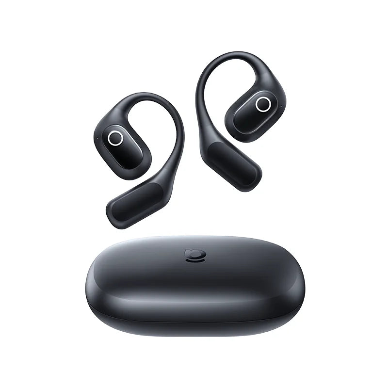 Black wireless ear hooks with a matching oval charging case against a white background.