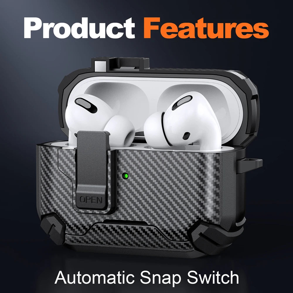 Rugged black carbon fibre-style protective case with snap lock for Apple AirPods Pro.