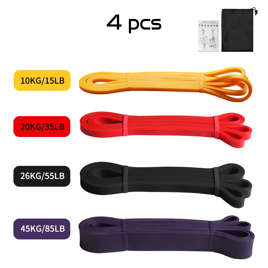 Set of 4 colourful resistance bands with varying tension levels, a black carry bag, and an instruction guide.