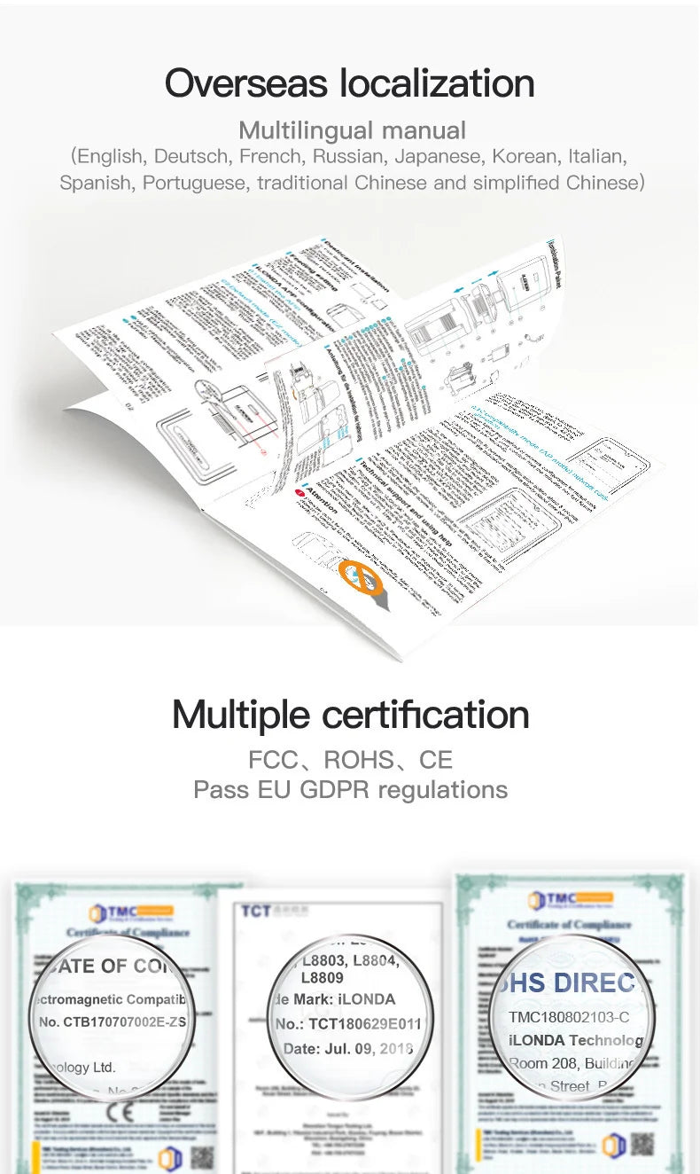 A multilingual product manual and three formal quality certification documents in black and white.
