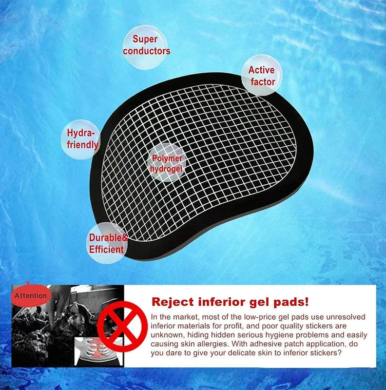 Black abdominal muscle stimulator gel pad with a grid pattern, highlighting hydrogel features and quality design.