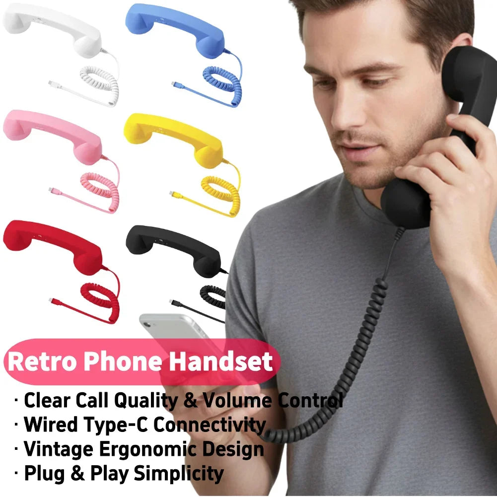 Retro-style ergonomic phone handset with coiled cable and USB-C connector. Available in various colours.