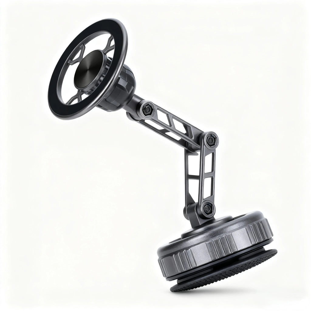 Dark gray magnetic phone mount with an adjustable articulated arm and a circular base, isolated on a white background.