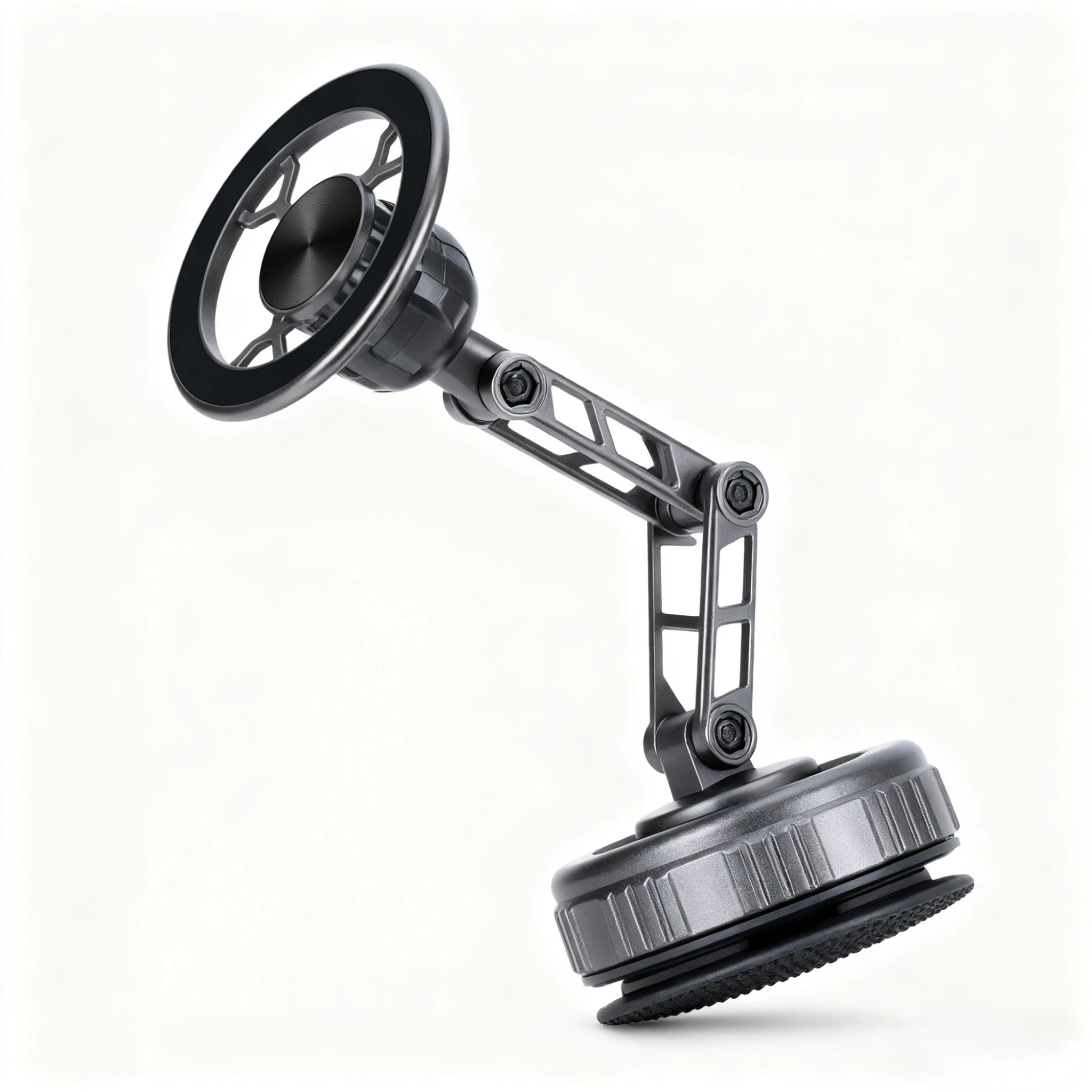 Dark gray magnetic phone mount with an adjustable articulated arm and a circular base, isolated on a white background.