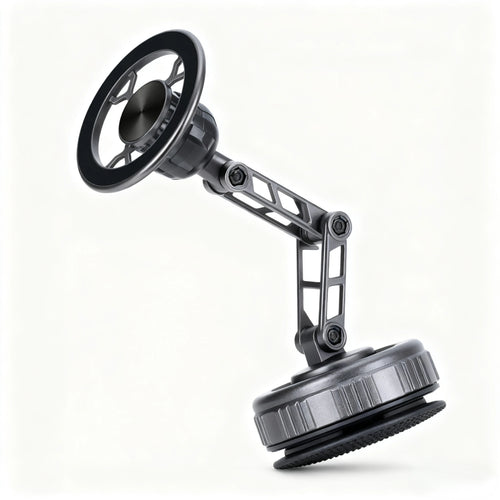 Dark gray magnetic phone mount with an adjustable articulated arm and a circular base, isolated on a white background.