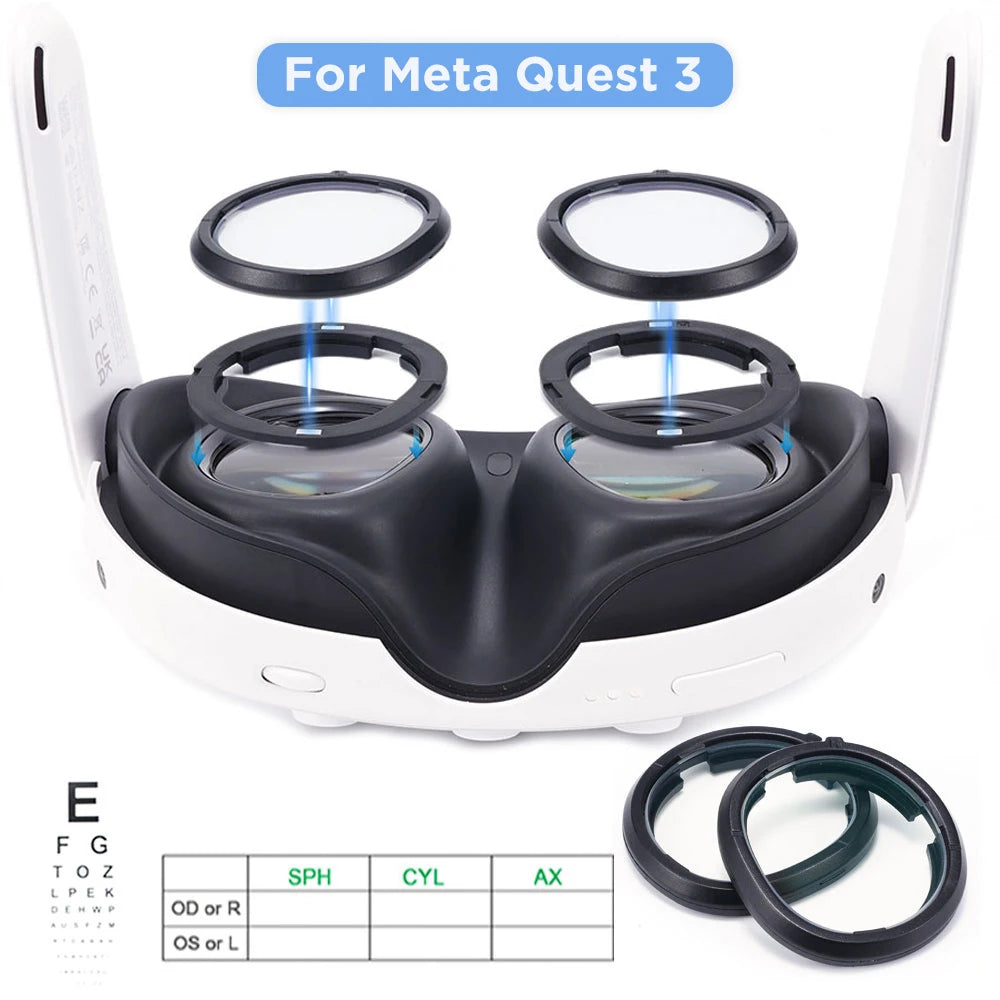 Black magnetic prescription lens frames and anti-blue light lenses for Meta Quest 3 headset.