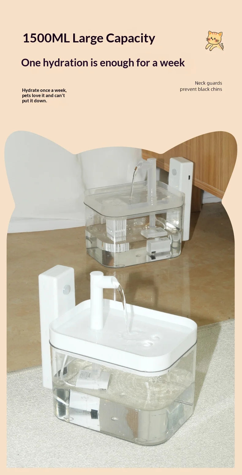 White, 1.5L automatic pet water fountain with a sleek, clear tank and built-in filtration system.