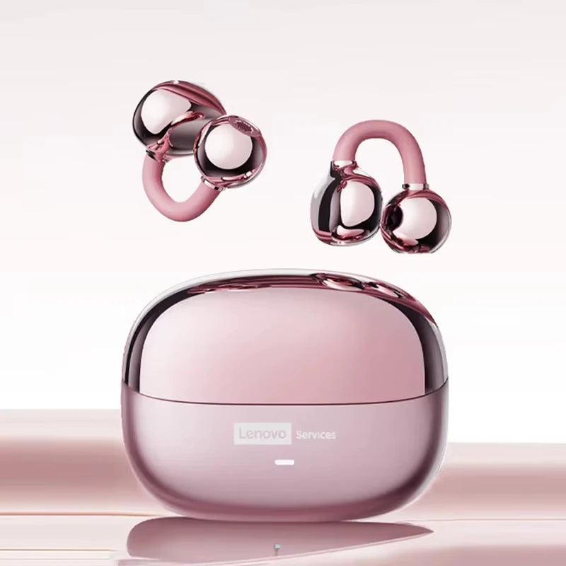 Rose gold wireless clip-on earbuds with a matching rounded charging case on a light pink background.