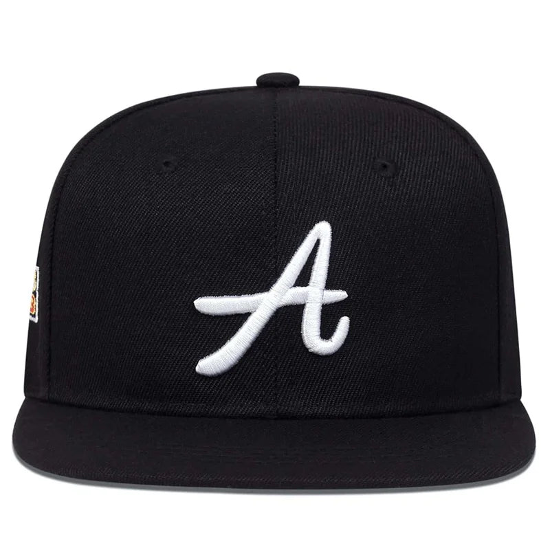 Black baseball cap with a flat brim and white embroidered letter 'A' on the front.