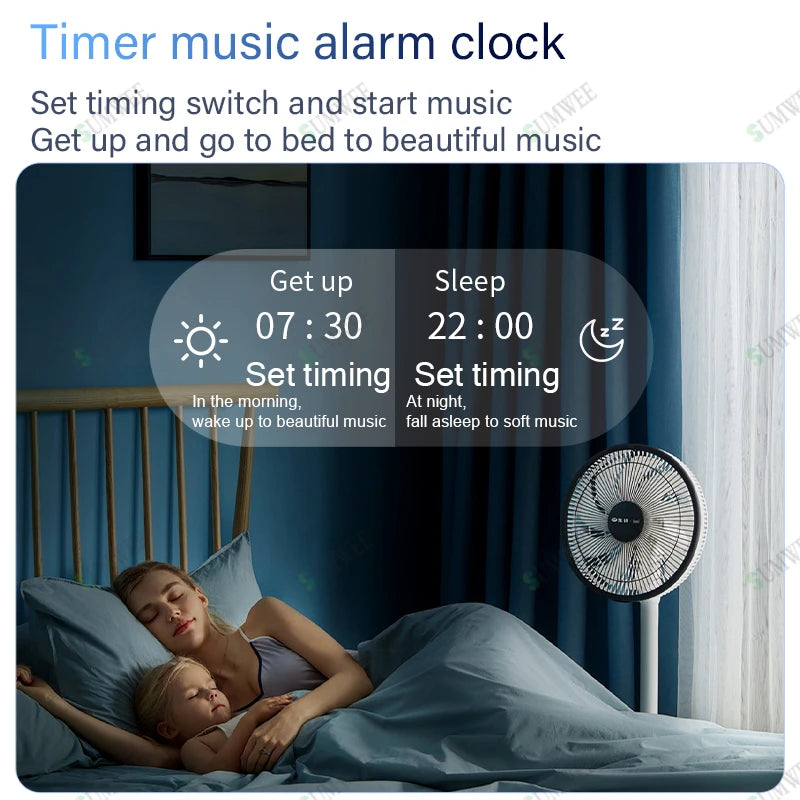 7-inch white in-wall smart home audio control panel with a digital display showing music timer alarm settings.