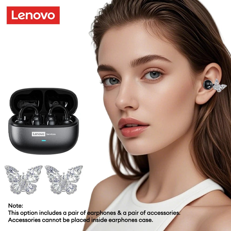 Black wireless earbuds with a charging case and decorative, crystal-embellished silver butterfly ear cuff accessories.