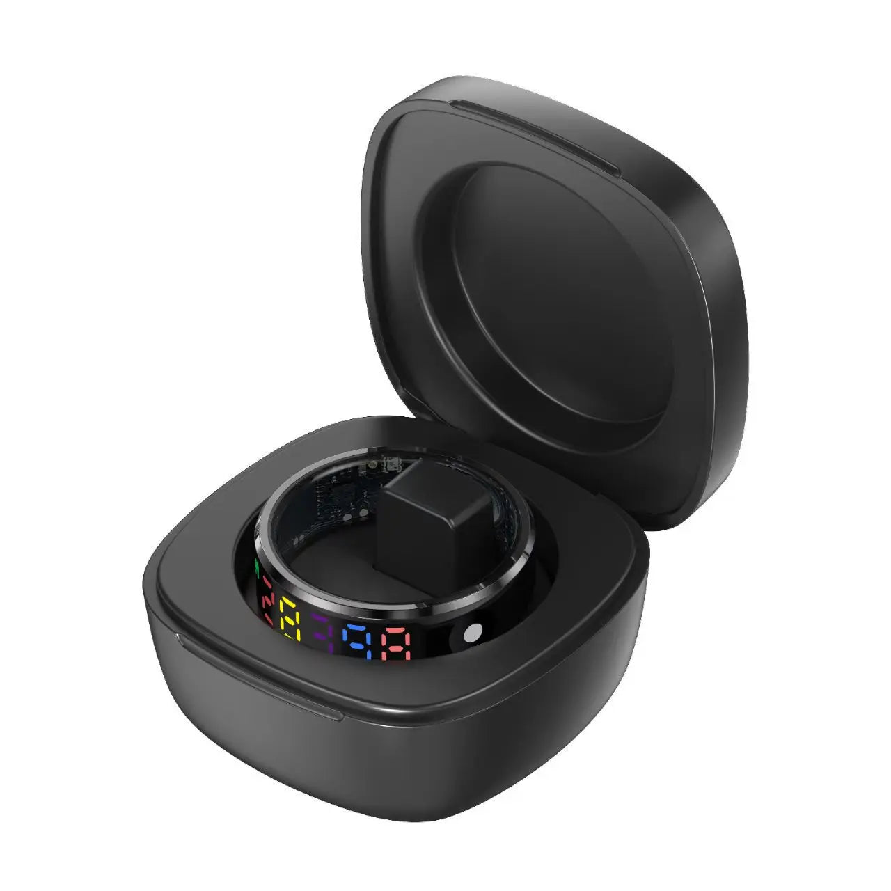 Black smart ring with a digital touch display and health monitor, sitting inside its open black charging case.