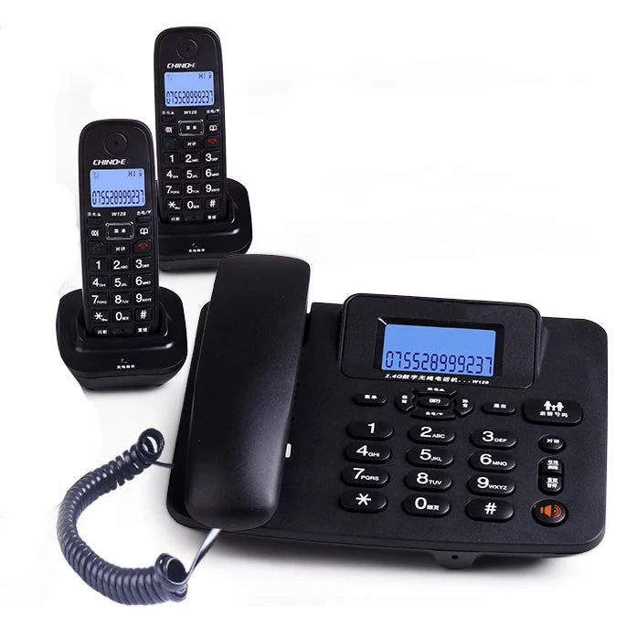 Black cordless phone set with two handheld handsets on charging bases and one corded desk phone with blue LCD display.