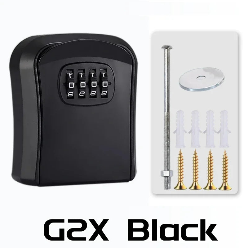 Black metal wall-mounted key lock box with a four-digit combination dial and included mounting hardware.