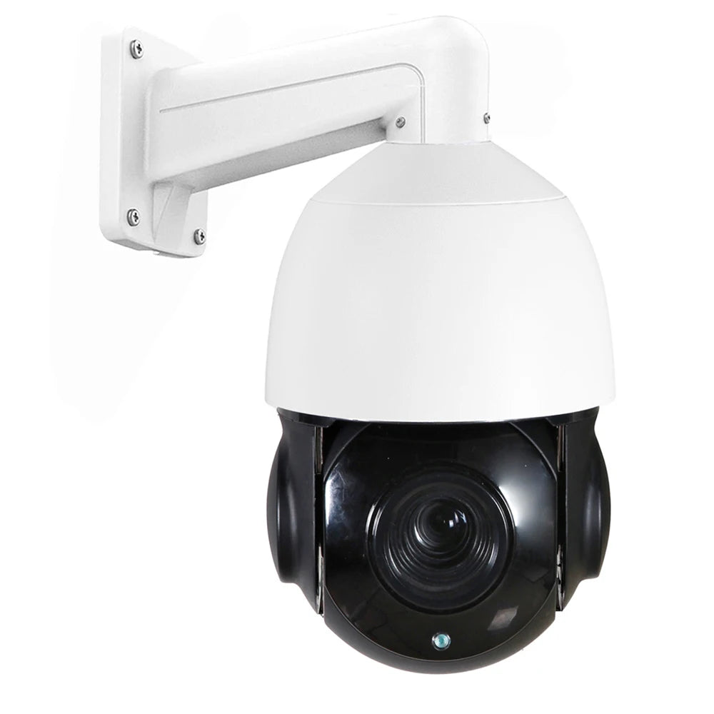White wall-mounted security dome camera with a black lens housing, made of durable plastic and metal.