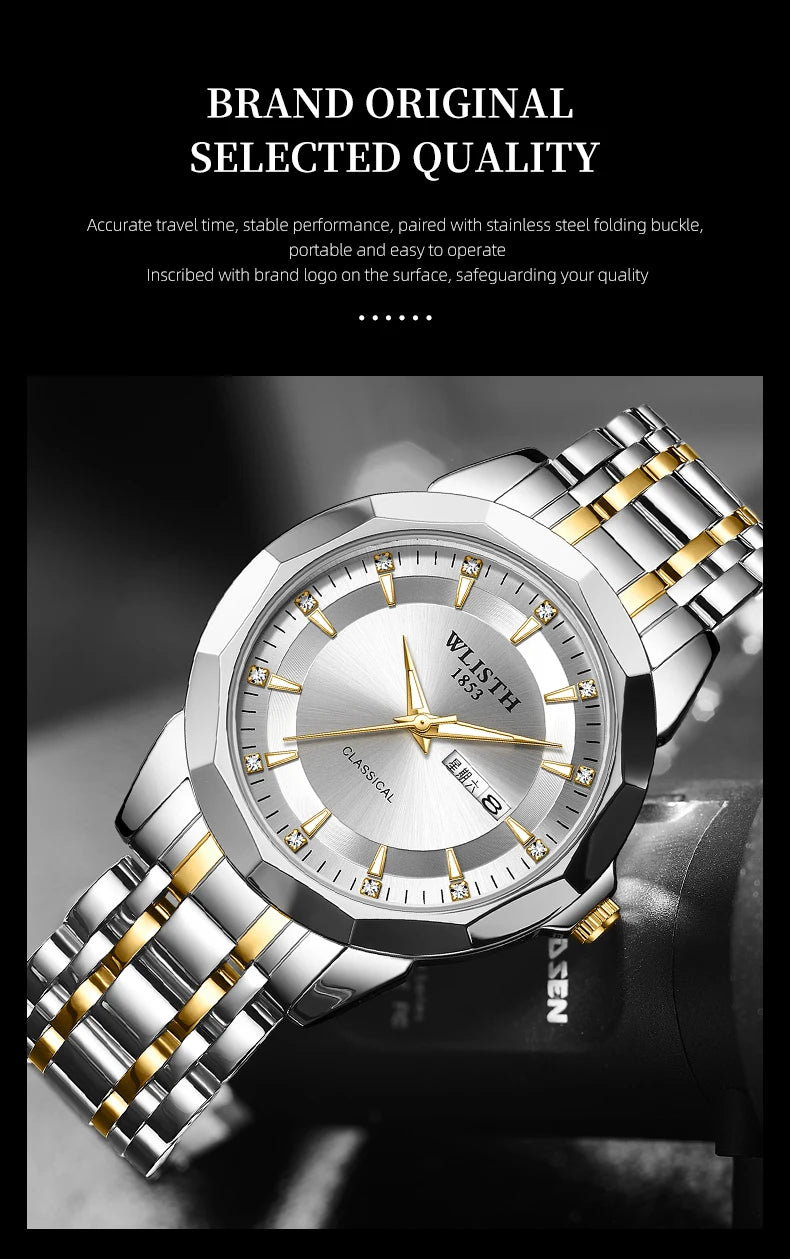 Classic men's stainless steel watch with a silver and gold-tone bracelet and a silver sunray dial with crystal markers.