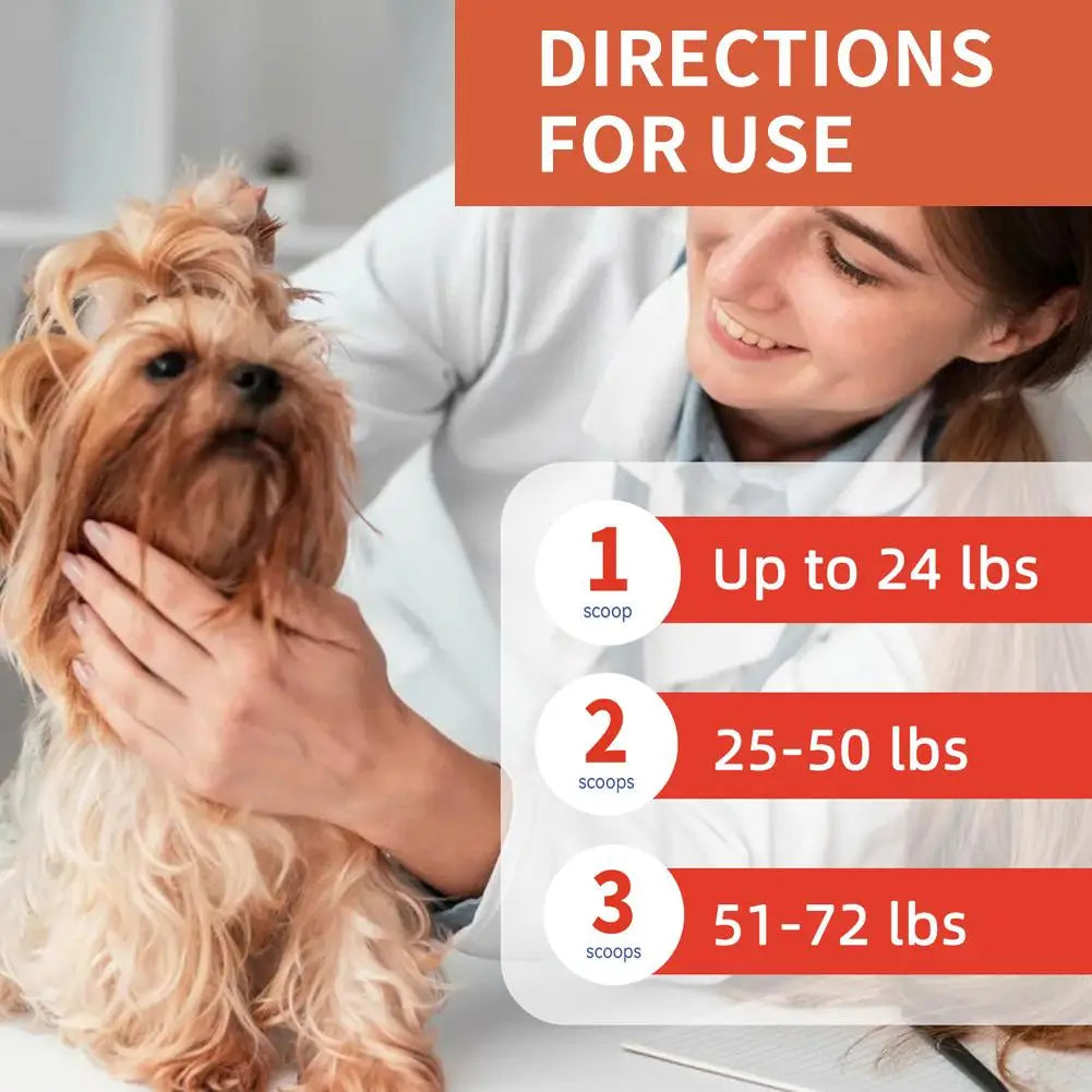Veterinarian petting a small brown dog next to a chart showing supplement dosage by dog weight in pounds.